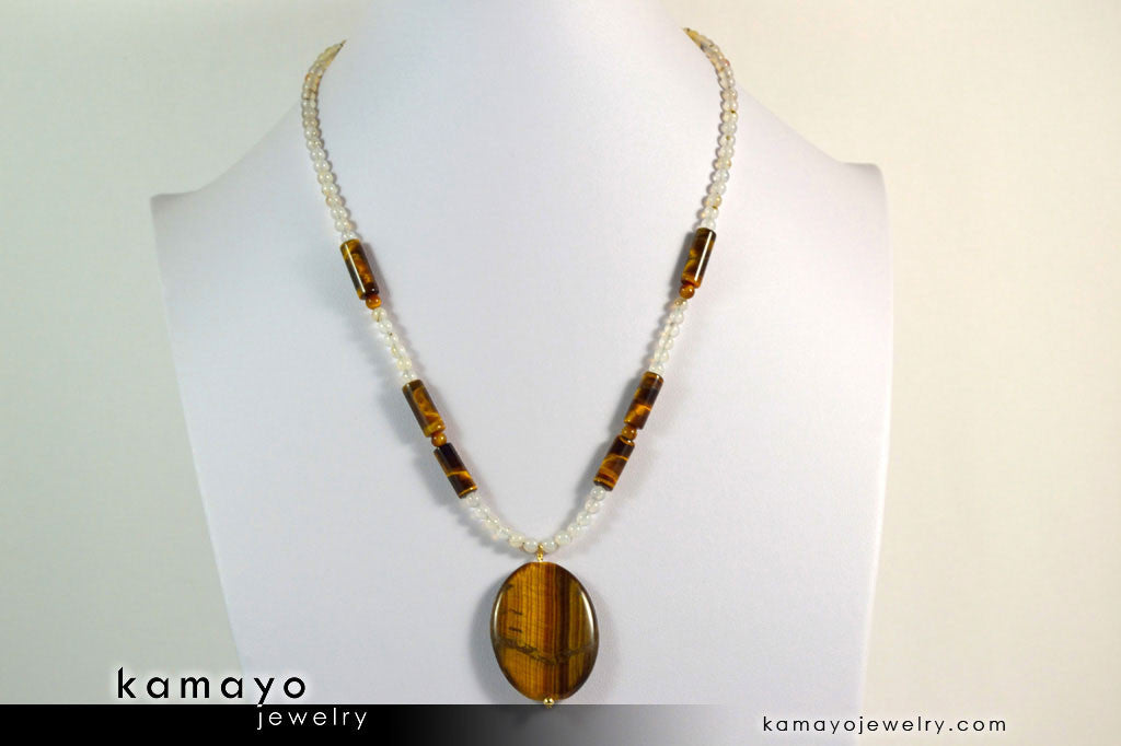 GEMINI NECKLACE - Large Tiger Eye Pendant and Botswana Agate Beads