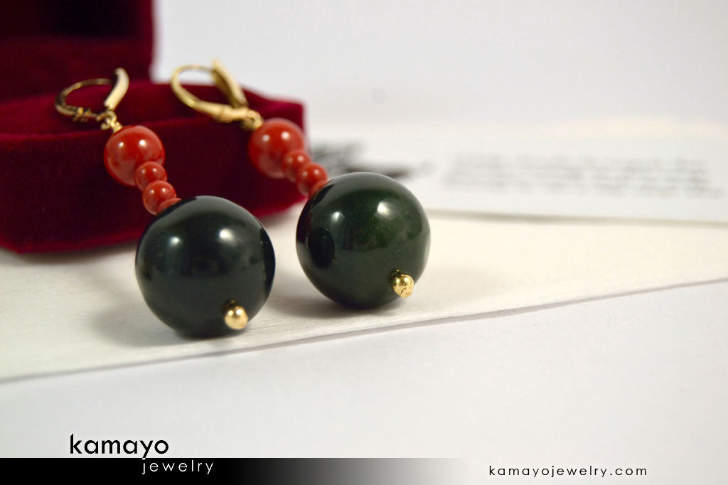 ARIES EARRINGS - Large Green Jasper Ball and Small Red Jasper Beads