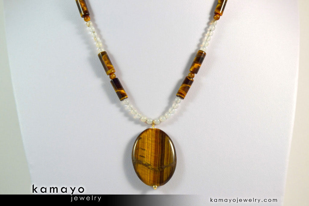 GEMINI NECKLACE - Large Tiger Eye Pendant and Botswana Agate Beads