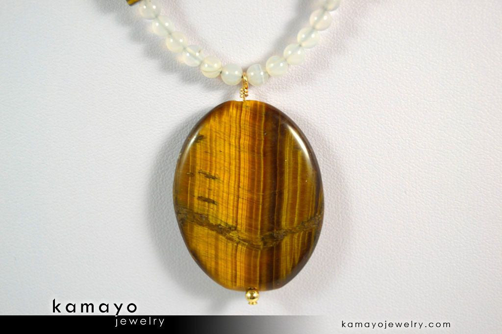 GEMINI NECKLACE - Large Tiger Eye Pendant and Botswana Agate Beads