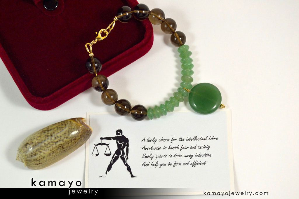 LIBRA BRACELET - Green Aventurine Pendant and Smoky Quartz Beads