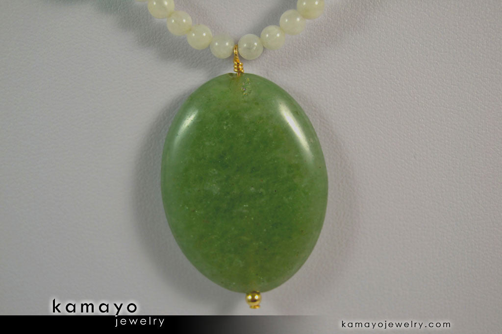 CANCER NECKLACE - Large Green Aventurine Pendant and Moonstone Beads