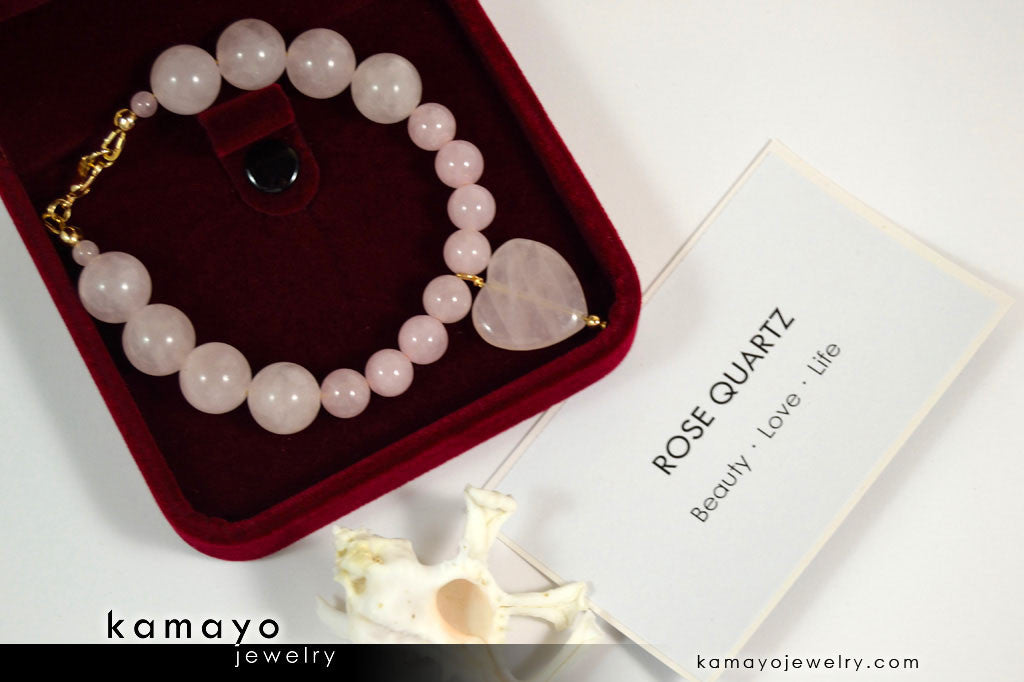 ROSE QUARTZ BRACELET - Natural Pink Heart Pendant and Polished Genuine Beads