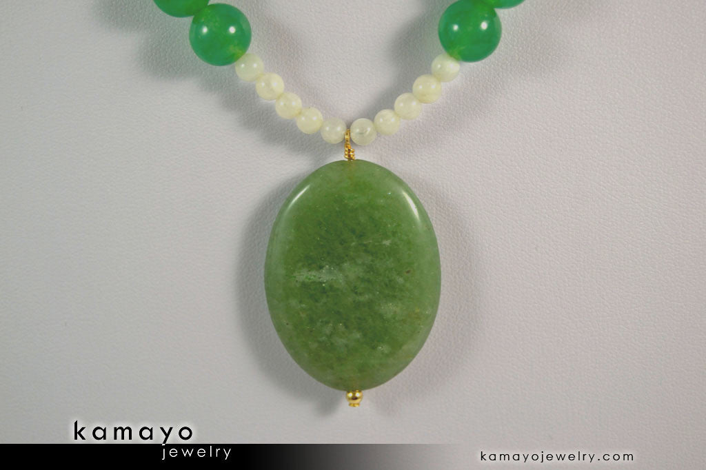 CANCER NECKLACE - Large Green Aventurine Pendant and Moonstone Beads