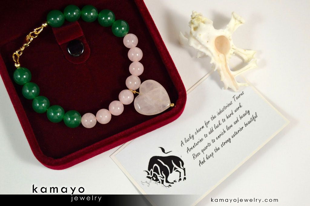 TAURUS BRACELET - Heart Rose Quartz Pendant and Green Aventurine Beads