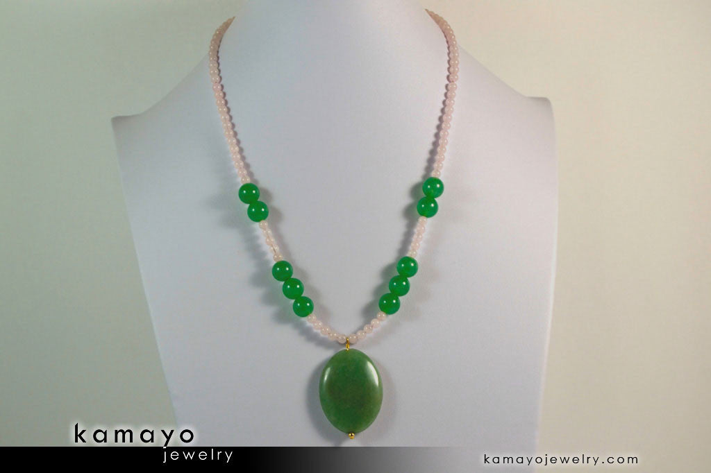 TAURUS NECKLACE - Large Green Aventurine Pendant and Rose Quartz Beads