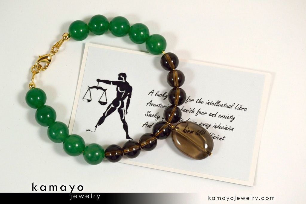 LIBRA BRACELET - Smoky Quartz Pendant and Green Aventurine Beads