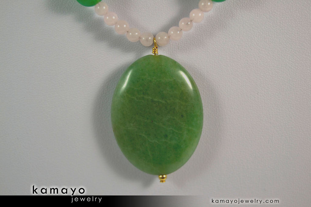 TAURUS NECKLACE - Large Green Aventurine Pendant and Rose Quartz Beads