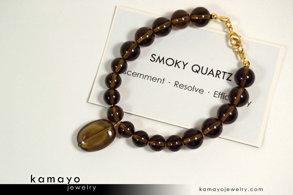 SMOKY QUARTZ BRACELET - Smooth Oval Pendant and Round Beads