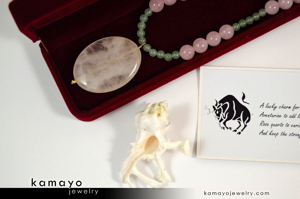 TAURUS NECKLACE - Large Rose Quartz Pendant and Green Aventurine Beads
