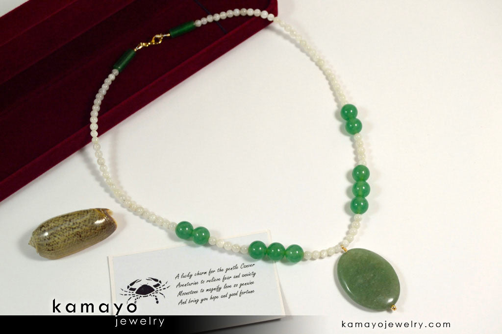 CANCER NECKLACE - Large Green Aventurine Pendant and Moonstone Beads