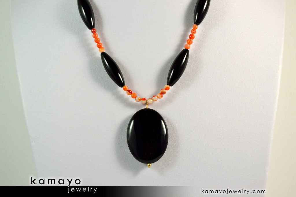 LEO NECKLACE - Large Black Onyx Pendant and Sardonyx Beads