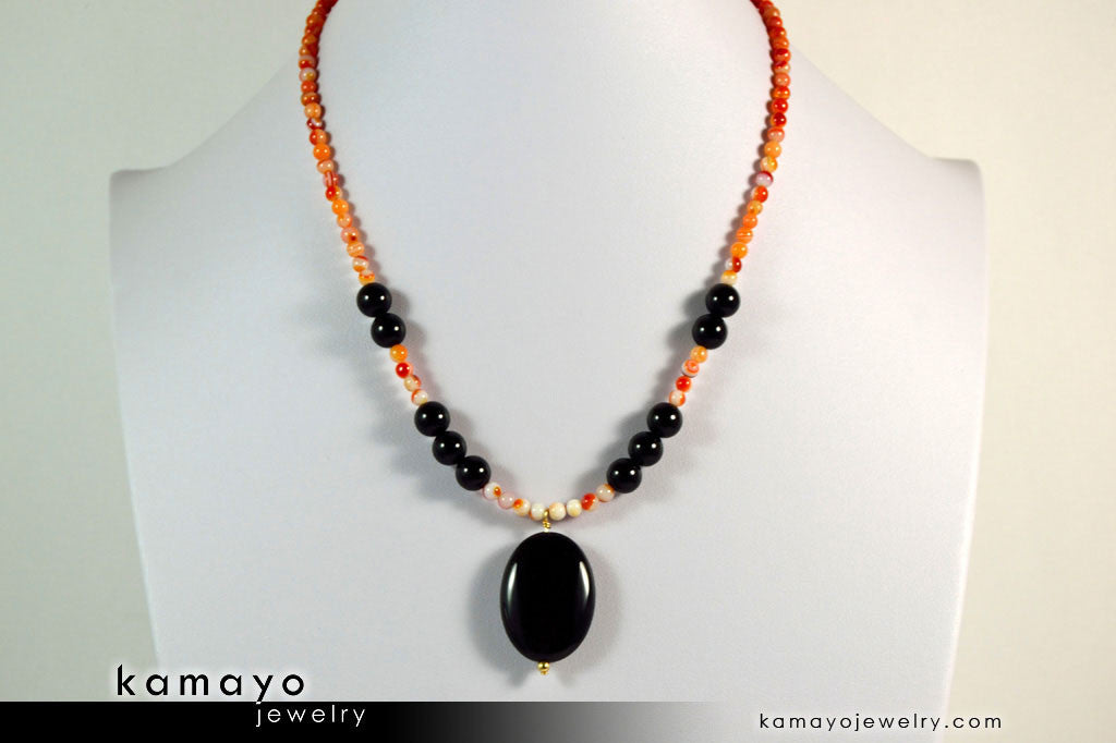 LEO NECKLACE - Black Onyx Pendant and Sardonyx Beads