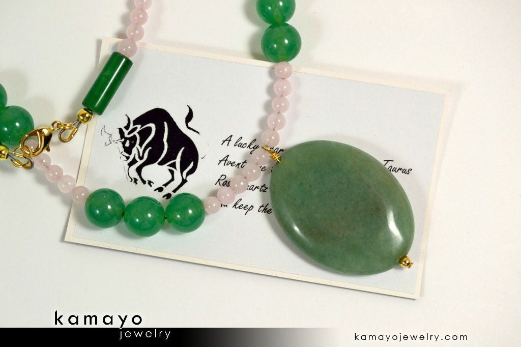 TAURUS NECKLACE - Large Green Aventurine Pendant and Rose Quartz Beads
