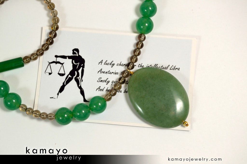 LIBRA NECKLACE - Large Green Aventurine Pendant and Smoky Quartz Beads