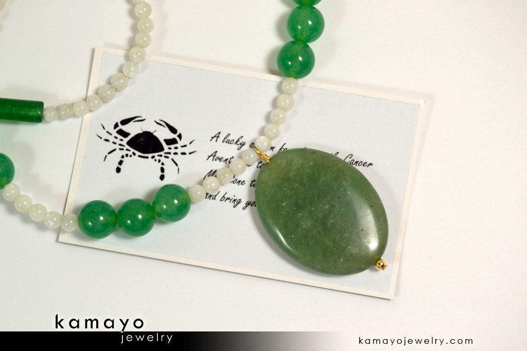 CANCER NECKLACE - Large Green Aventurine Pendant and Moonstone Beads