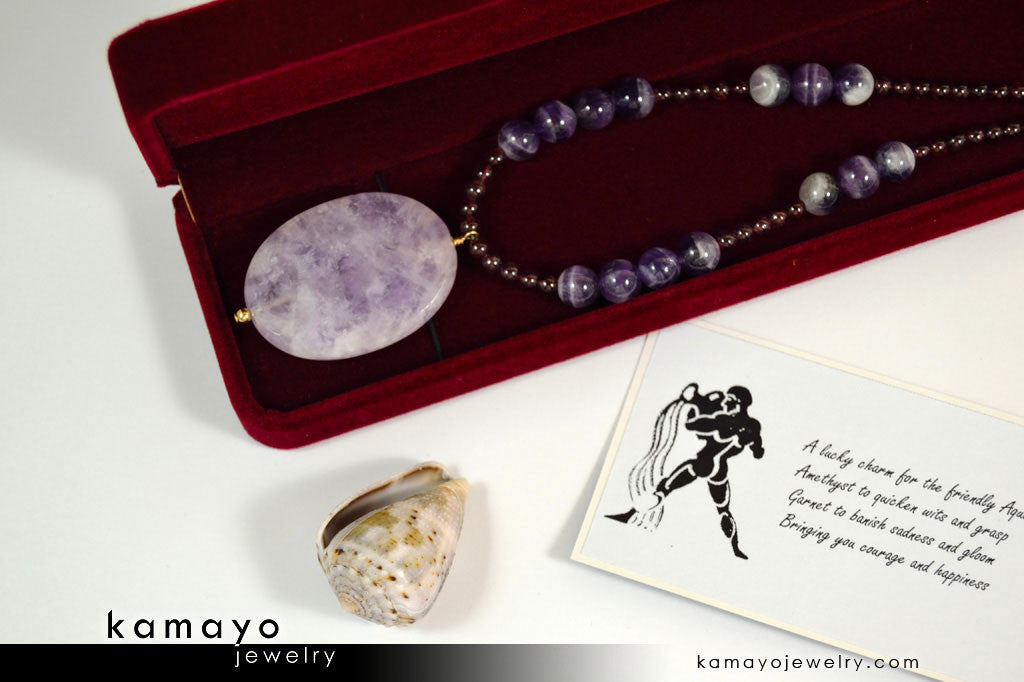 AQUARIUS NECKLACE - Large Amethyst Pendant and Red Garnet Beads