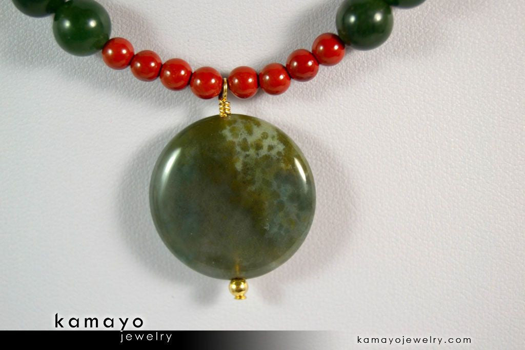 ARIES NECKLACE - Coin Green Jasper Pendant and Red Jasper Beads