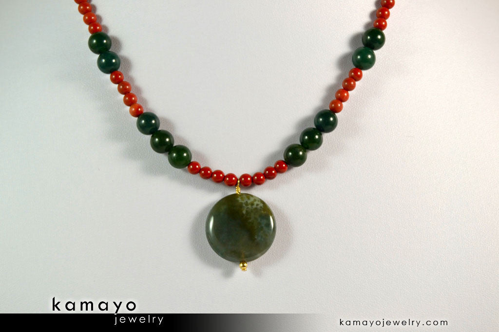 ARIES NECKLACE - Coin Green Jasper Pendant and Red Jasper Beads