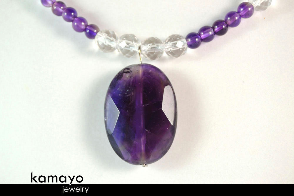 PISCES CHARM NECKLACE - Amethyst Pendant and Clear Quartz Beads