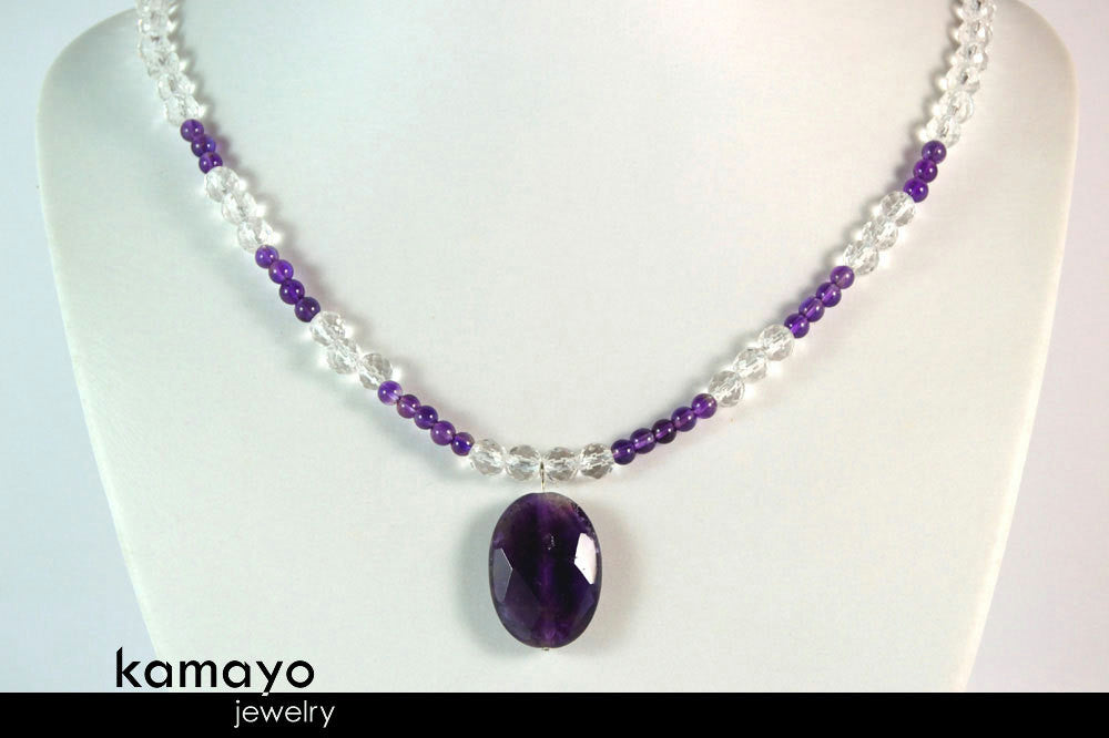 PISCES CHARM NECKLACE - Amethyst Pendant and Clear Quartz Beads