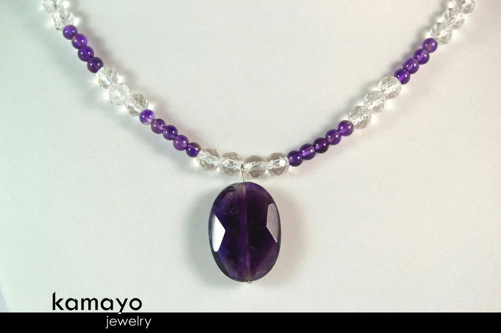 PISCES CHARM NECKLACE - Amethyst Pendant and Clear Quartz Beads