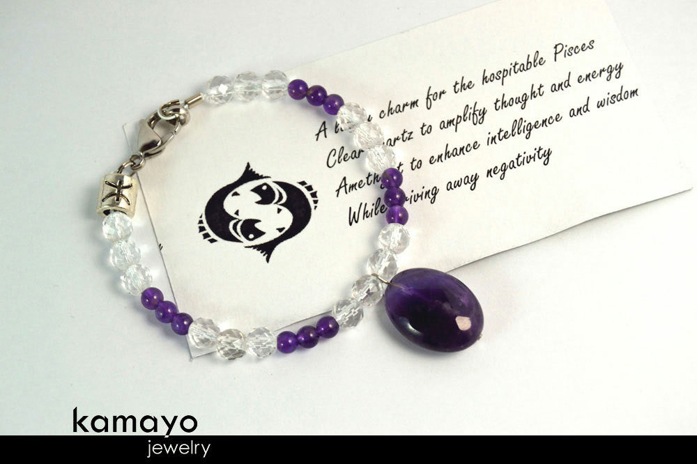 PISCES CHARM BRACELET - Purple Amethyst Pendant and Clear Quartz Beads