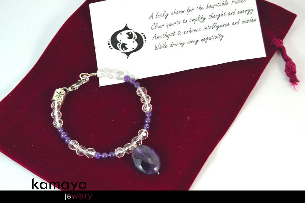 PISCES CHARM BRACELET - Purple Amethyst Pendant and Clear Quartz Beads