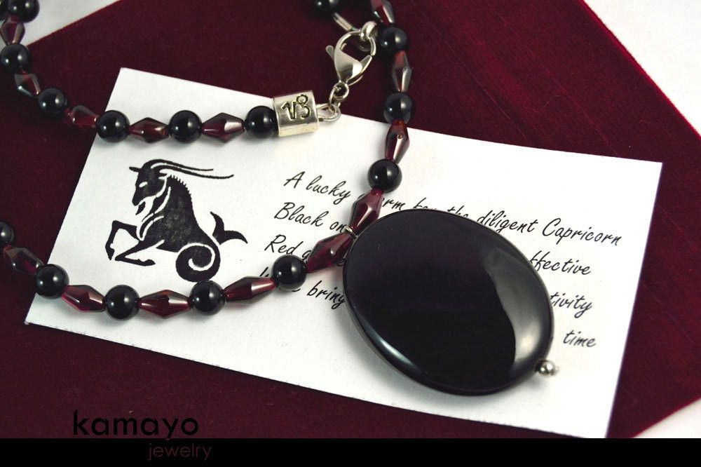 CAPRICORN NECKLACE - Black Onyx Pendant and Red Garnet Beads