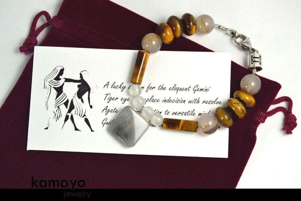 GEMINI BRACELET - Grey Agate Pendant and Tiger Eye Beads
