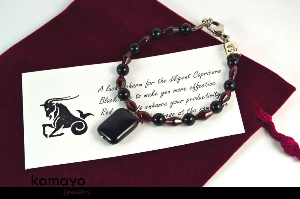 CAPRICORN JEWELRY SET - Princess Necklace and Bracelet with Black Onyx Pendants and Red Garnet Beads