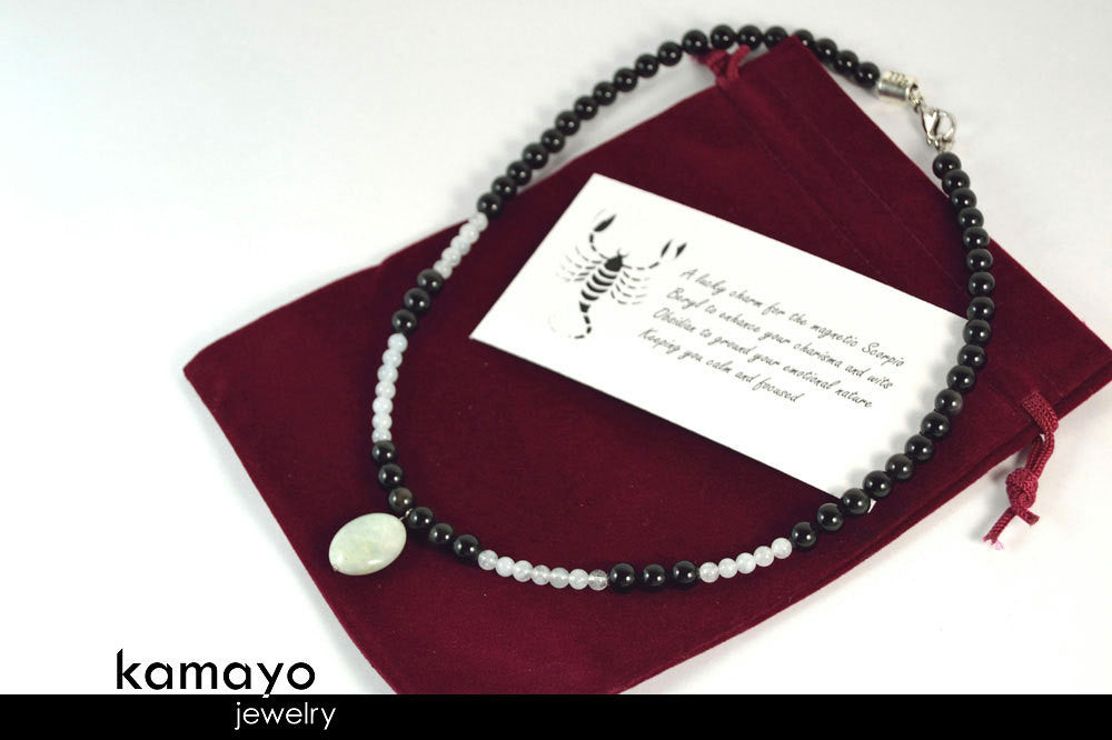 SCORPIO NECKLACE - Translucent Aquamarine Pendant and Black Obsidian Beads