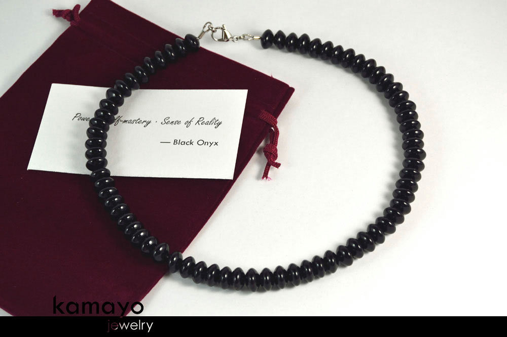 BLACK ONYX NECKLACE - Roundel Beads - Men's Choker or Princess Necklace for Women