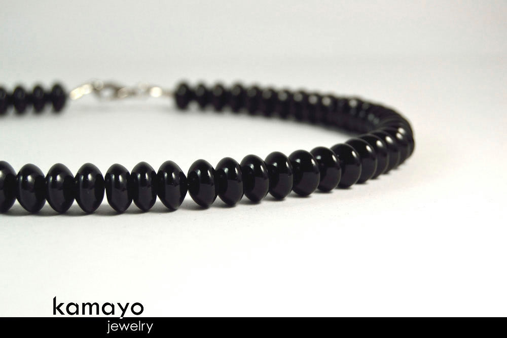 BLACK ONYX NECKLACE - Roundel Beads - Men's Choker or Princess Necklace for Women