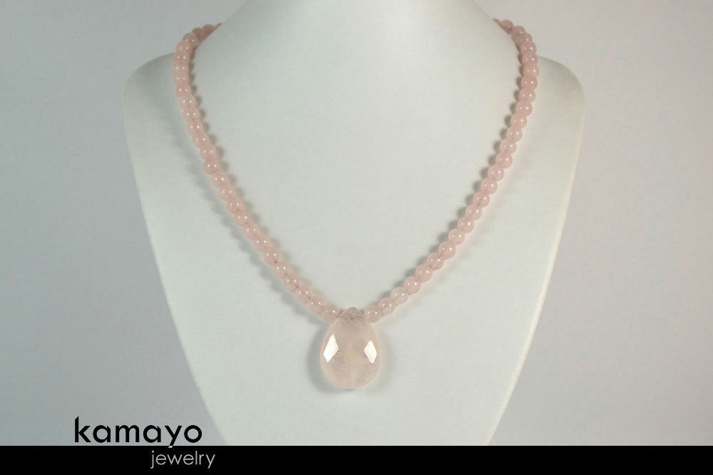 ROSE QUARTZ NECKLACE - Faceted Teardrop Pendant and Natural Beads