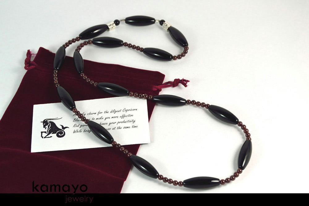CAPRICORN OPERA NECKLACE - Large Rice Black Onyx Beads and Red Garnet