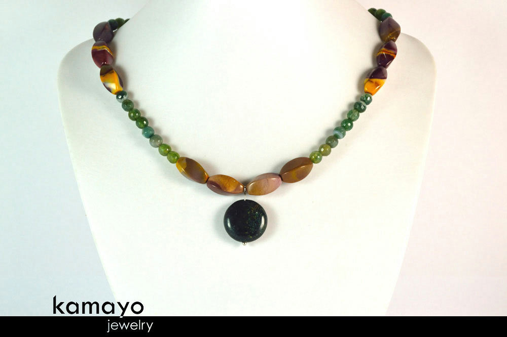 AQUARIUS JEWELRY SET - Women's Choker and Bracelet with Moss Agate Pendants and Jasper Beads