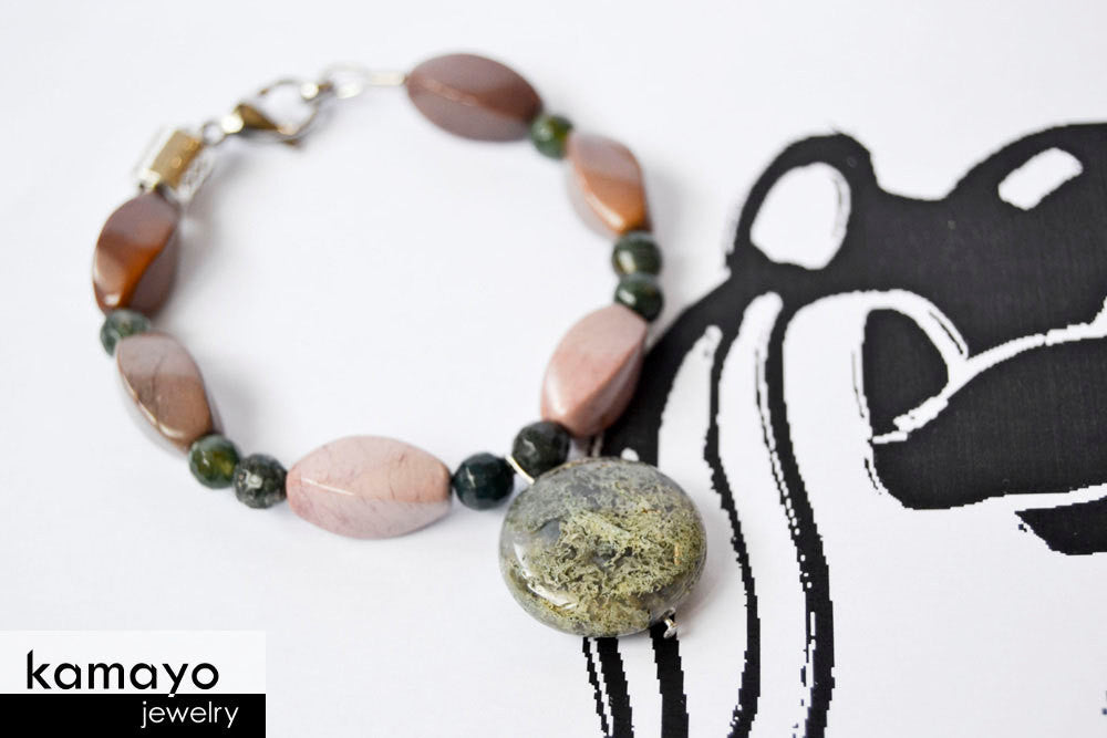 AQUARIUS JEWELRY SET - Women's Choker and Bracelet with Moss Agate Pendants and Jasper Beads