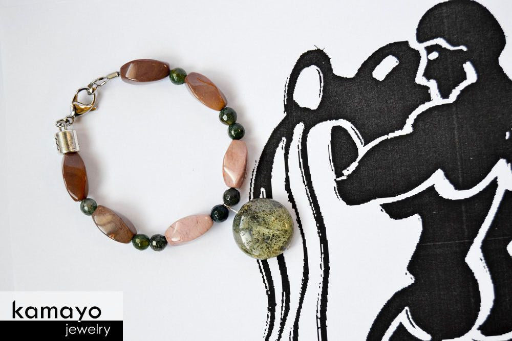 AQUARIUS JEWELRY SET - Women's Choker and Bracelet with Moss Agate Pendants and Jasper Beads