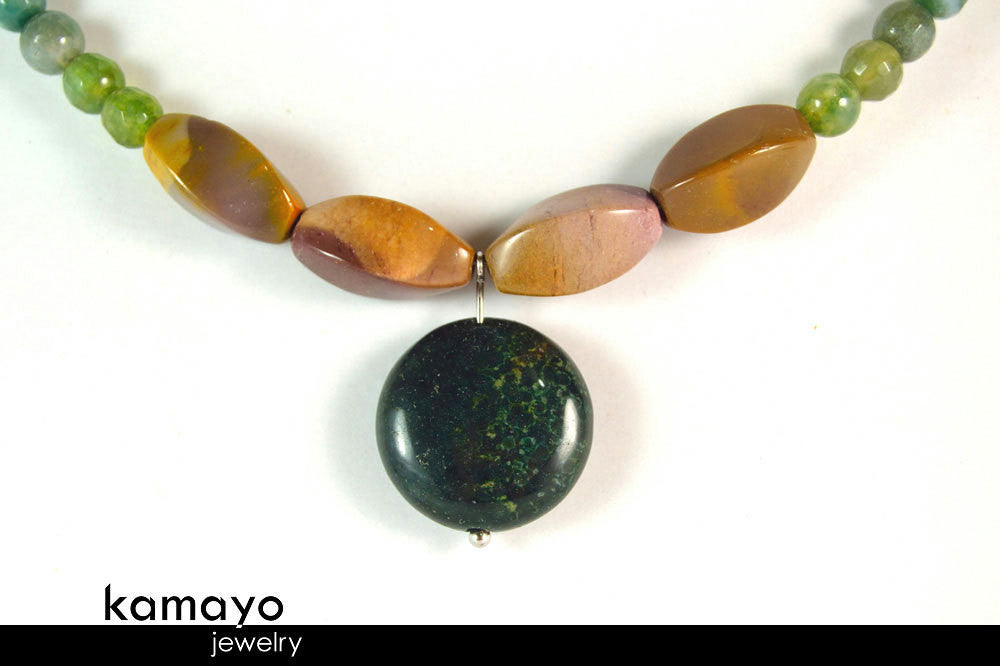AQUARIUS JEWELRY SET - Women's Choker and Bracelet with Moss Agate Pendants and Jasper Beads