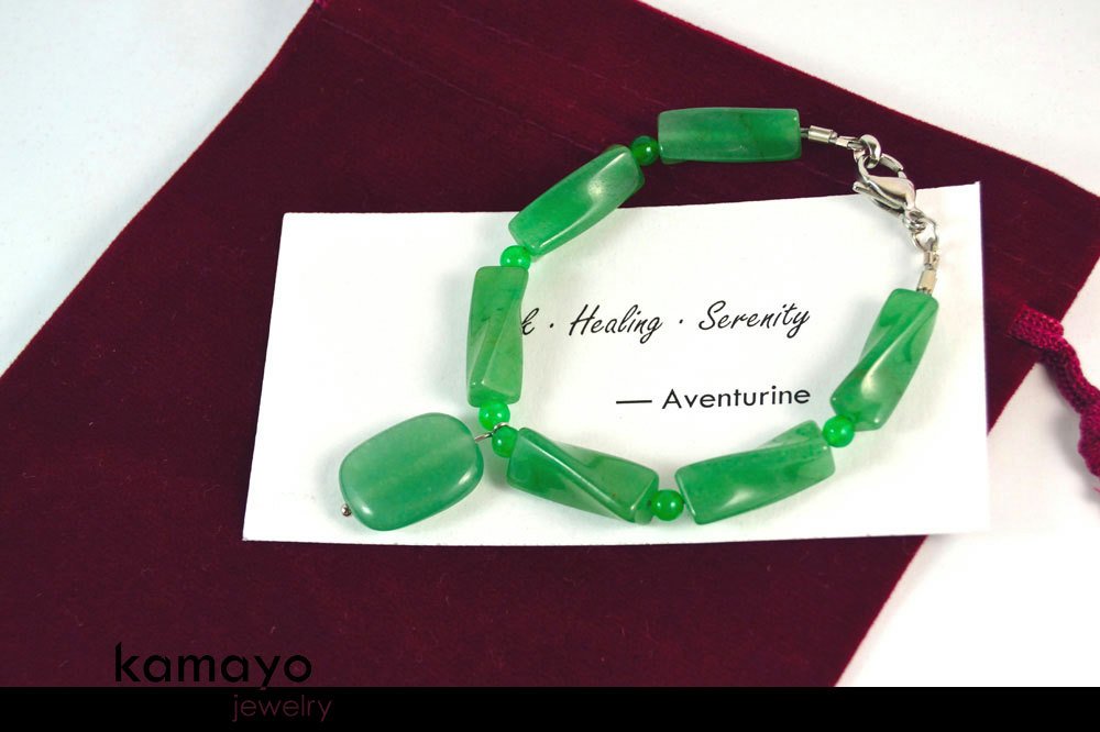 GREEN AVENTURINE BRACELET - Natural Light Rectangle Pendant and Green Beads