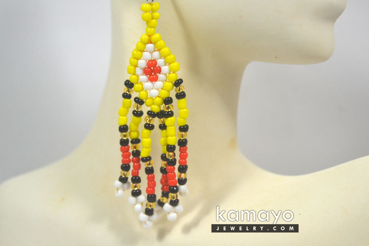 Black, Yellow, Red & White Beaded Dangle Earrings