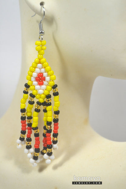 Black, Yellow, Red & White Beaded Dangle Earrings