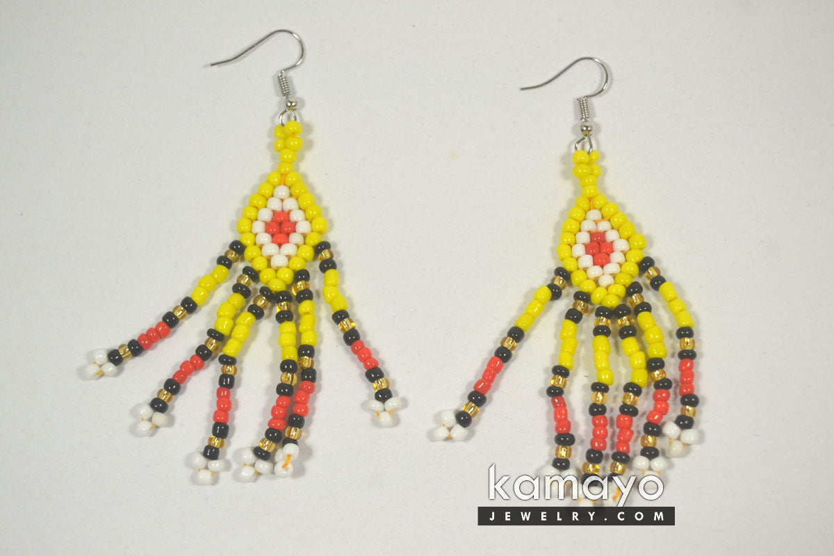 Black, Yellow, Red & White Beaded Dangle Earrings