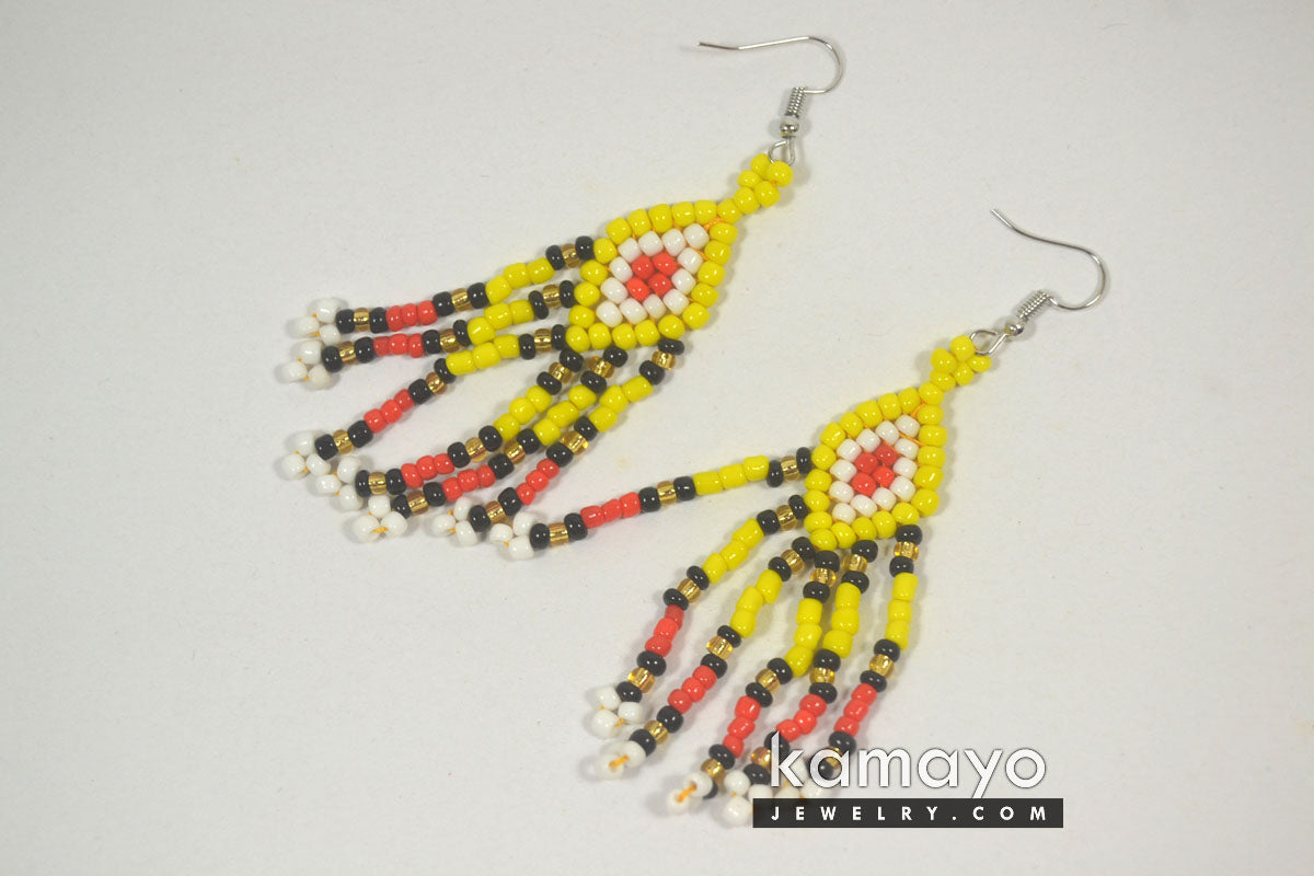 Black, Yellow, Red & White Beaded Dangle Earrings