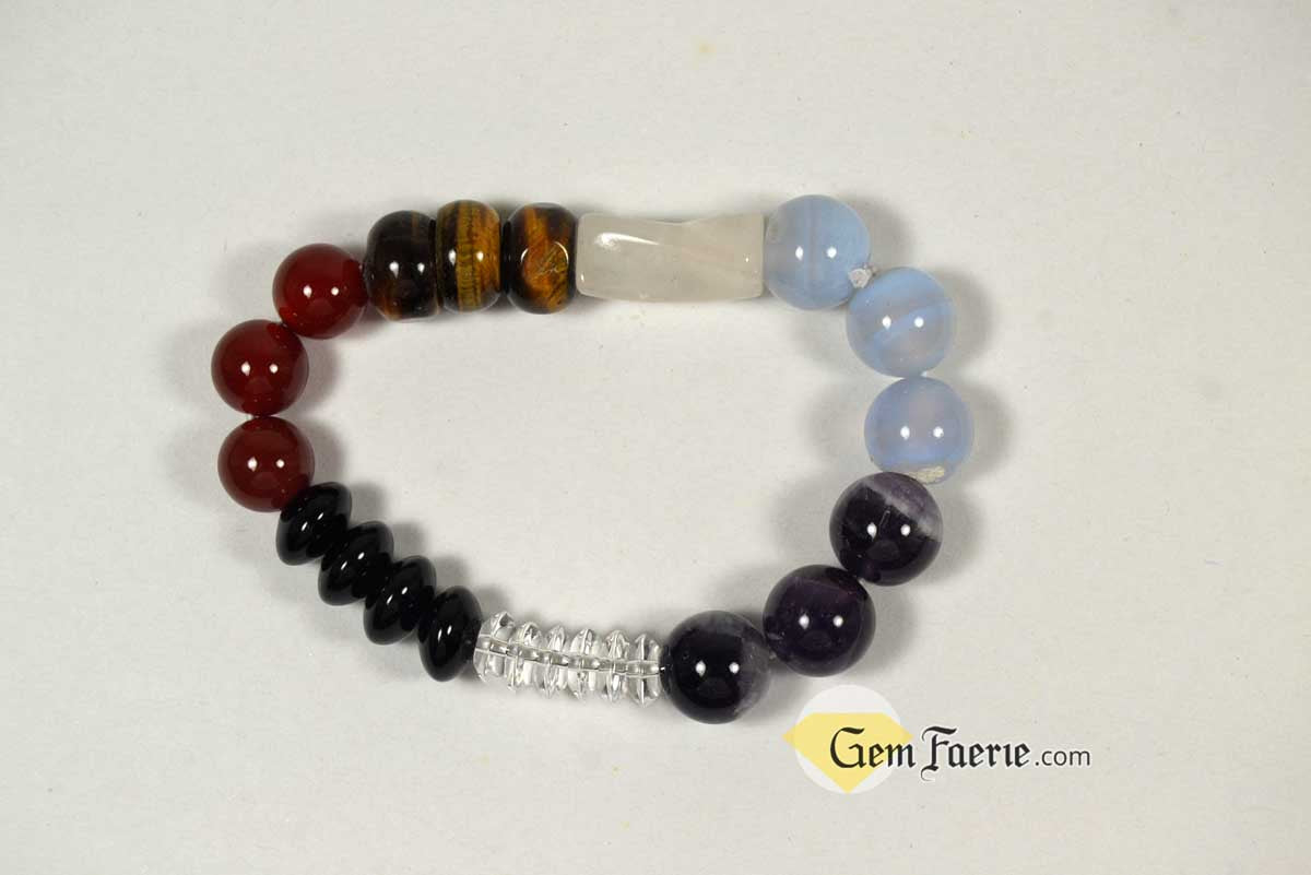 CHAKRA BRACELET - Black Onyx, Carnelian, Tiger Eye, Rose Quartz, Blue Chalcedony, Amethyst & Clear Quartz