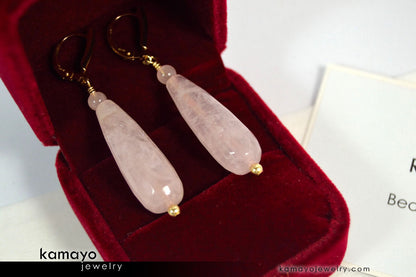 ROSE QUARTZ EARRINGS - Long Drop Ear Rings for Women - Pink Teardrop Pendant - 14K Gold Filled Leverback