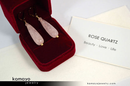 ROSE QUARTZ EARRINGS - Long Drop Ear Rings for Women - Pink Teardrop Pendant - 14K Gold Filled Leverback