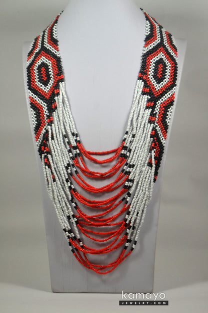 Large White, Black & Red Beaded Necklace