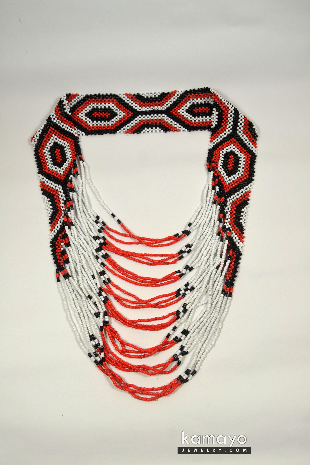 Large White, Black & Red Beaded Necklace